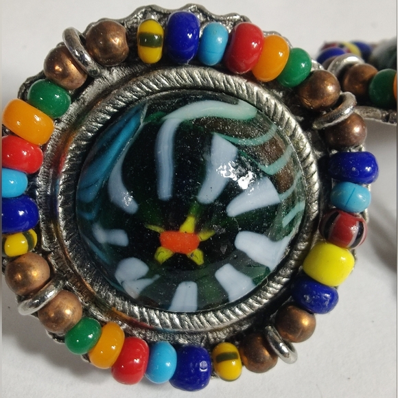 Robert Rose Beaded Clip Earrings Art Glass Cabochon Statement Vintage - Picture 8 of 10